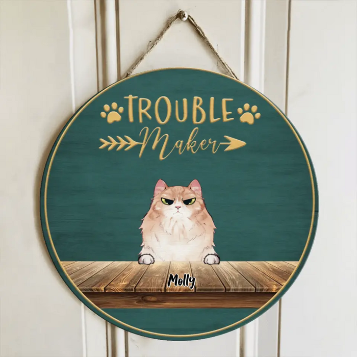 Custom Personalized Pet Door Sign - Upto 6 Cats/ Dogs - Best Gift For Cat/Dog Lover - Trouble Maker