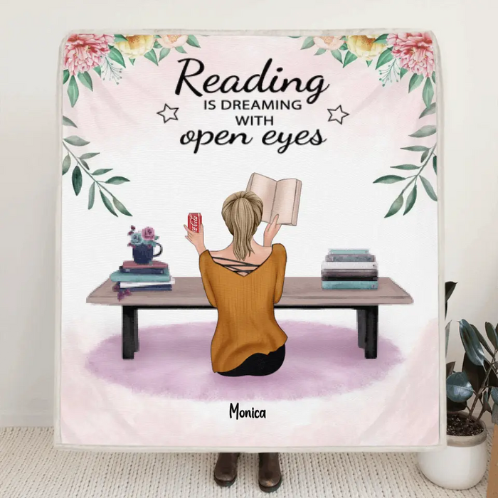 Personalized Reading Book Quilt/Fleece Blanket - Girl With Upto 5 Pets - Gift Idea For Reading Lovers - Reading Is Dreaming With Open Eyes