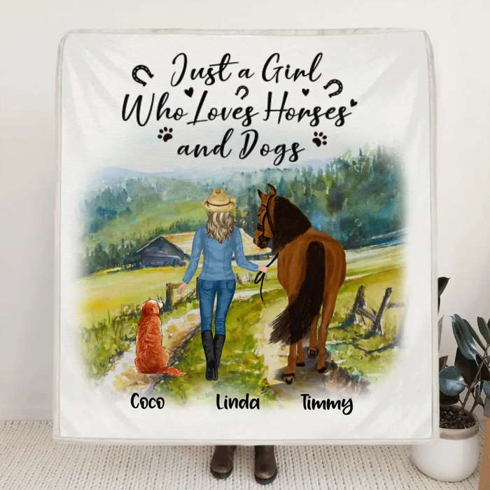 Custom Personalized Horse And Dog Pillow Cover & Quilt/ Fleece Blanket - Man/ Woman/ Girl/ Boy With Upto 2 Horses And 4 Dogs - Gift For Horse/ Dog Lover