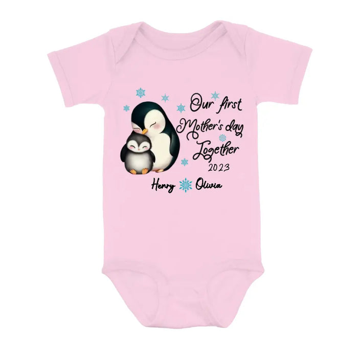 Personalized Penguin Shirt/ Baby Onesie - Gift Idea For Mother's Day - Our First Mother's Day Together 2023