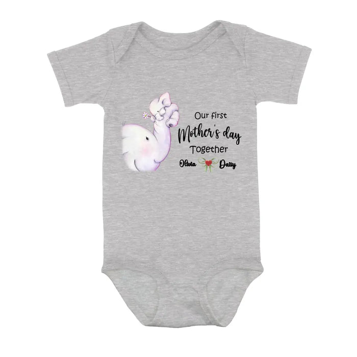 Custom Personalized Elephant Baby Onesie/T-Shirt - Gift Idea for Baby/Mother's Day - Our First Mother's Day Together