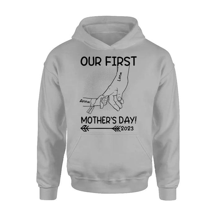 Custom Personalized Hand Shirt/Hoodie/Sweatshirt/Long sleeve - Gift Idea For Mother's Day - Upto 6 Kids - Our First Mother's Day 2023