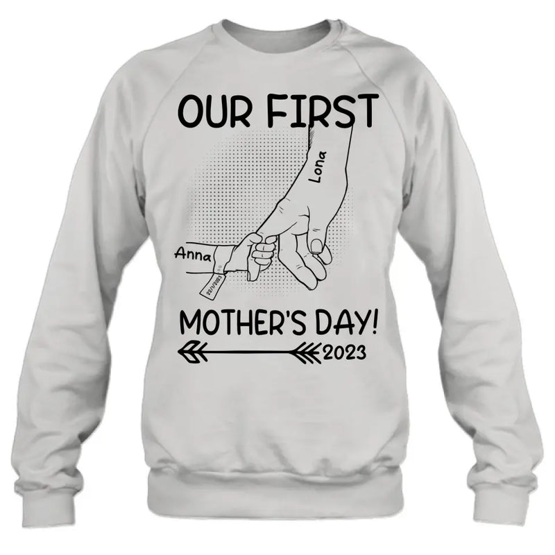 Personalized Hand Shirt/Hoodie/Sweatshirt/Long sleeve - Gift Idea For Mother's Day - Up to 6 Kids - Our First Mother's Day 2023