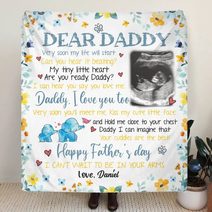 Custom Personalized Baby Photo Quilt/ Single Layer Fleece Blanket - Gift Idea For Father's Day - Dear Daddy Very Soon My Life Will Start