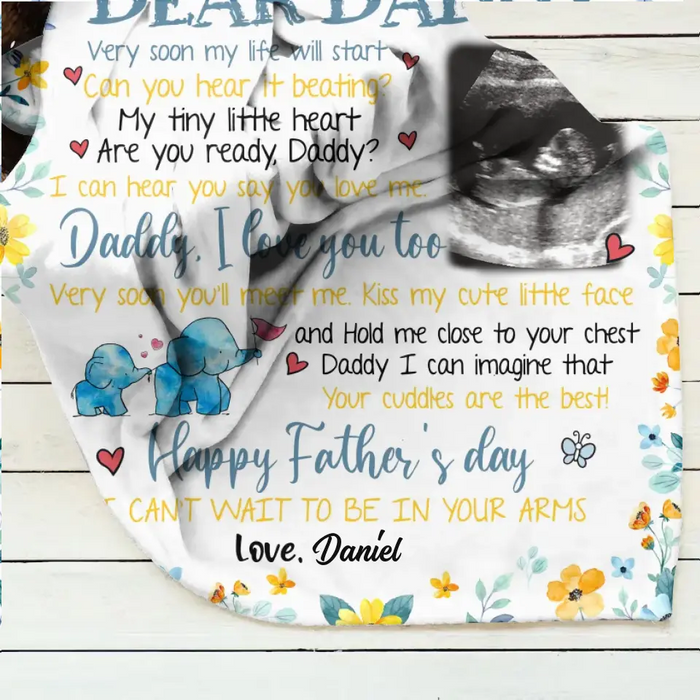 Custom Personalized Baby Photo Quilt/ Single Layer Fleece Blanket - Gift Idea For Father's Day - Dear Daddy Very Soon My Life Will Start