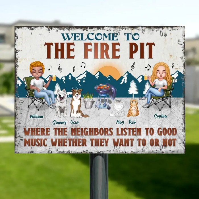 Custom Personalized Camping Couple With Pet Metal Sign - Couple With Upto 4 Pets - Gift Idea For Camping/ Dog/Cat Lovers - Welcome To The Fire Pit