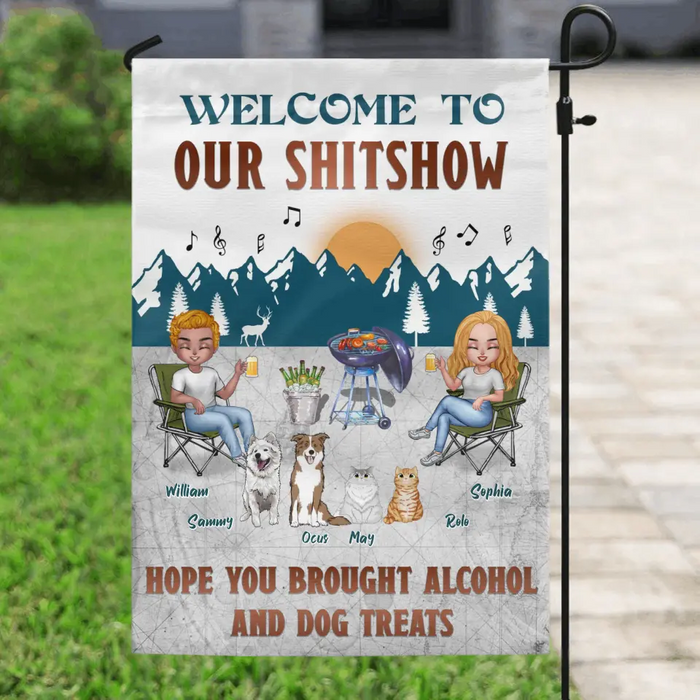 Custom Personalized Camping Couple With Pet Flag Sign - Couple With Upto 4 Pets - Gift Idea For Camping/ Dog/Cat Lovers - Welcome To Our Shitshow