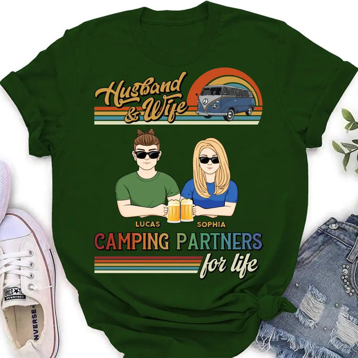 Custom Personalized Couple Camping Shirt/ Hoodie - Gift Idea For Couple/ Camping Lover - Husband & Wife Camping Partners For Life