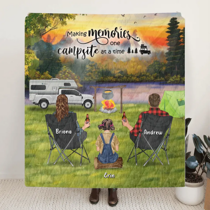 Custom personalized camping quilt blanket gift idea for the whole family - Father's day gift, Mother's day gift - Parents Upto 3 Kids & 3 Dogs - 341148