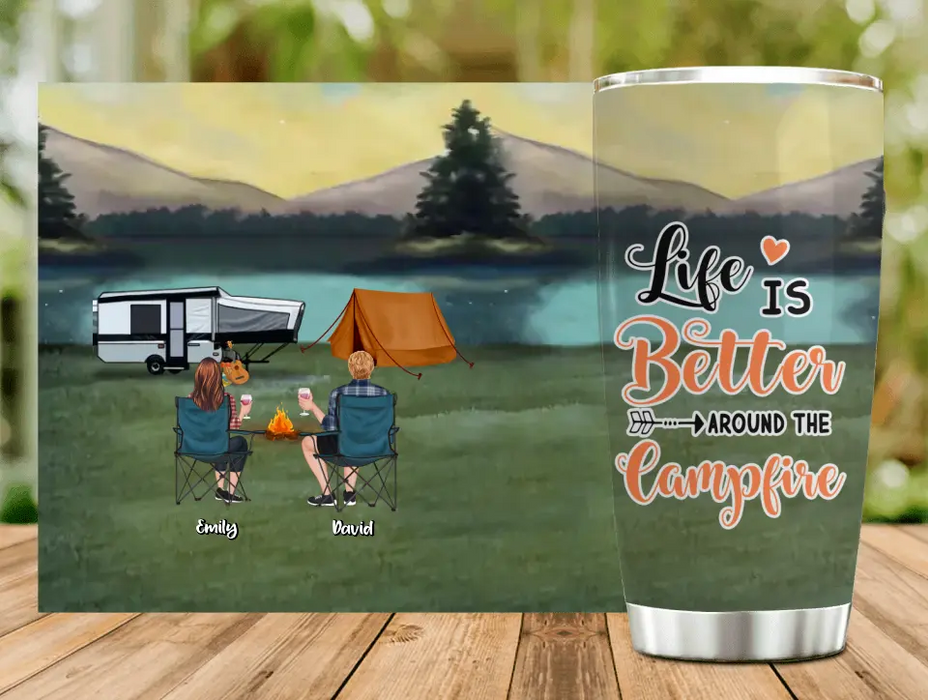 Custom Personalized Camping Couple/ Family Tumbler - Upto 3 Kids And 4 Pets - Gift Idea For Camping Lover - Life Is Better Around The Campfire