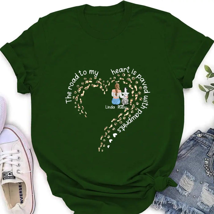 Custom Personalized Memorial Dog With Man/Woman Shirt/Hoodie/Long sleeve/Sweatshirt - Gift Idea For Dog Lovers/Dog Owners - The Road To My Heart Is Paved With Pawprints