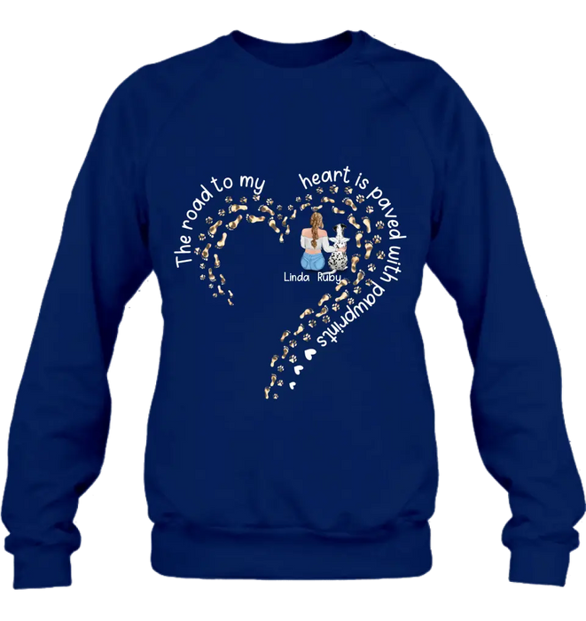 Custom Personalized Memorial Dog With Man/Woman Shirt/Hoodie/Long sleeve/Sweatshirt - Gift Idea For Dog Lovers/Dog Owners - The Road To My Heart Is Paved With Pawprints