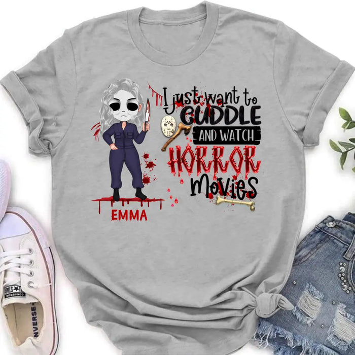 Custom Personalized Cuddle And Watch Horror Movies Shirt/ Hoodie - Halloween Gift For Girls