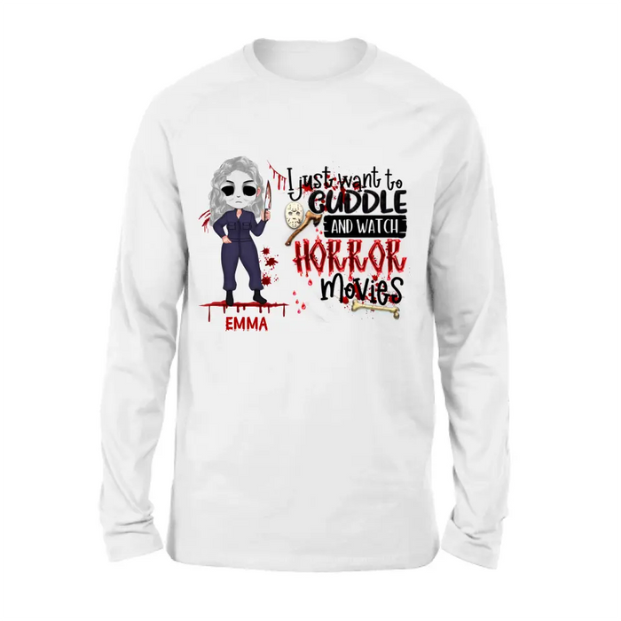 Custom Personalized Cuddle And Watch Horror Movies Shirt/ Hoodie - Halloween Gift For Girls