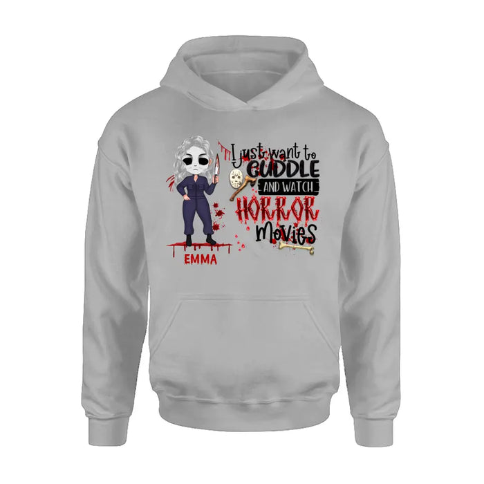 Custom Personalized Cuddle And Watch Horror Movies Shirt/ Hoodie - Halloween Gift For Girls