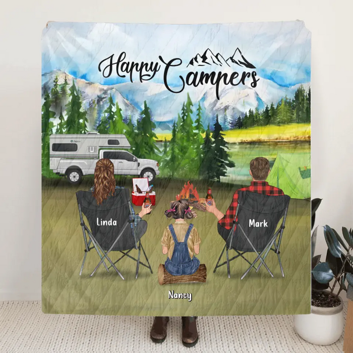 Custom Personalized Camping Quilt Blanket - Family Upto 3 Kids and 3 Dogs - Gift For Family - Happy Campers - OFAWC7