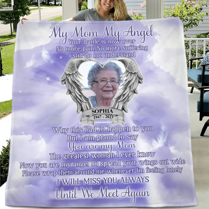 Custom Personalized Memorial Photo Single Layer Fleece/Quilt Blanket - Memorial Gift Idea for Father's Day/Mother's Day - My Angel Your Battle Is Now Over