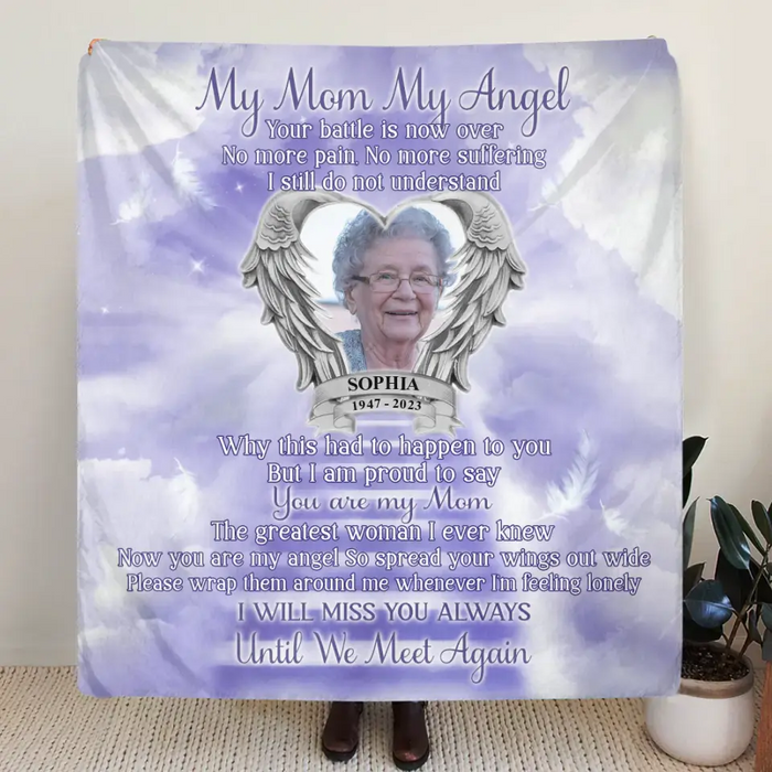 Custom Personalized Memorial Photo Single Layer Fleece/Quilt Blanket - Memorial Gift Idea for Father's Day/Mother's Day - My Angel Your Battle Is Now Over