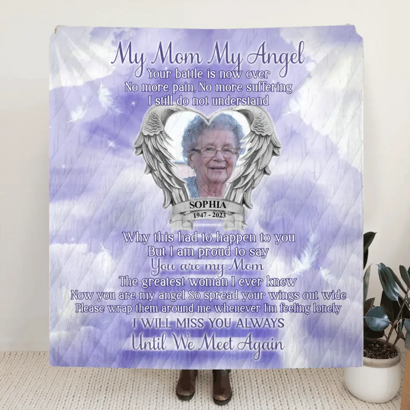 Personalized Memorial Photo Fleece Throw Blanket/Quilt - Memorial Gift Idea for Father's Day/Mother's Day - My Angel Your Battle Is Now Over