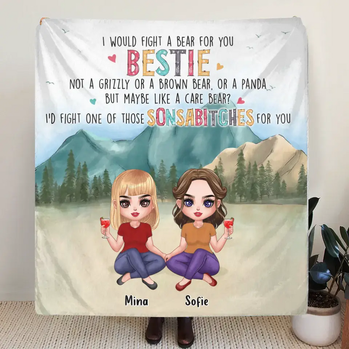 Custom Personalized Besties Single Layer Fleece Blanket/ Quilt Blanket - Upto 5 Girls - Gift Idea For Besties/ Friends/ Sisters - I Would Fight A Bear For You Bestie