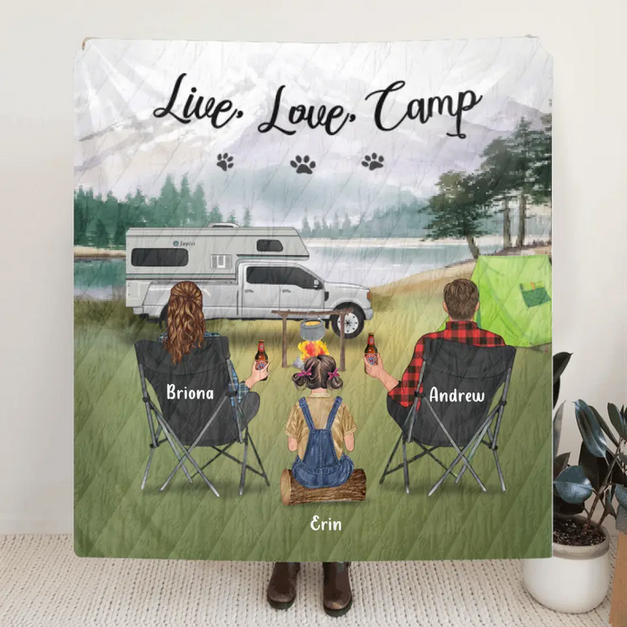 Custom Personalized Camping Quilt Blanket - Parents Upto 3 Kids & 3 Dogs - Gift Idea For The Whole Family - Live, Love, Camp - 341148