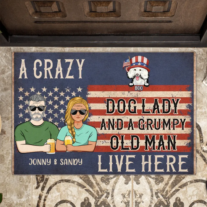 Custom Personalized Couple Doormat - Upto 8 Dogs - Gift Idea For Independence Day/Dogs Lover - A Crazy Dog Lady And A Grumpy Old Man Live Here