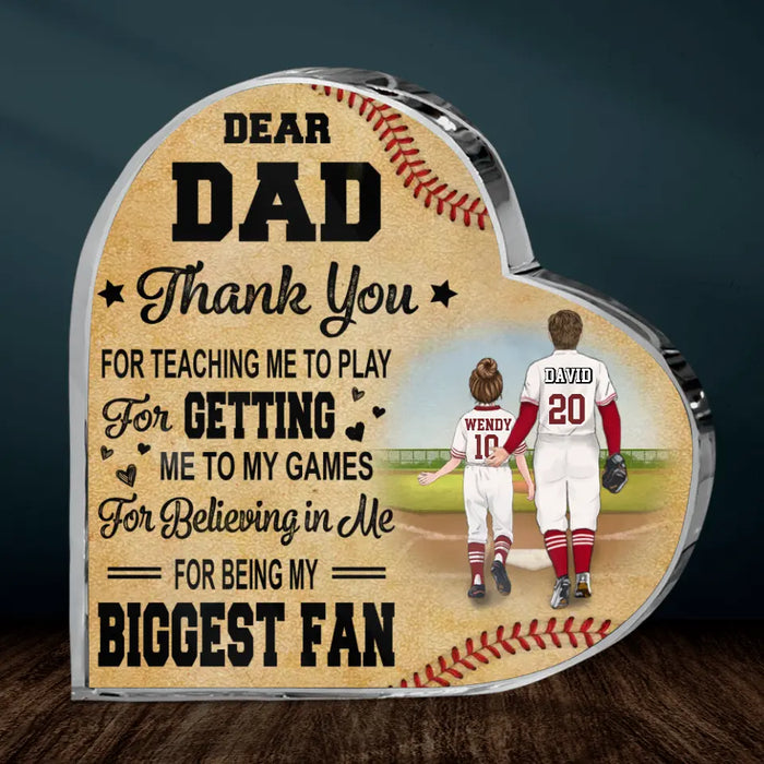 Custom Personalized Baseball Dad Crystal Heart - Upto 2 Children - Father's Day Gift Idea for Baseball Lovers - Dear Dad Thank You For Teaching Me To Play