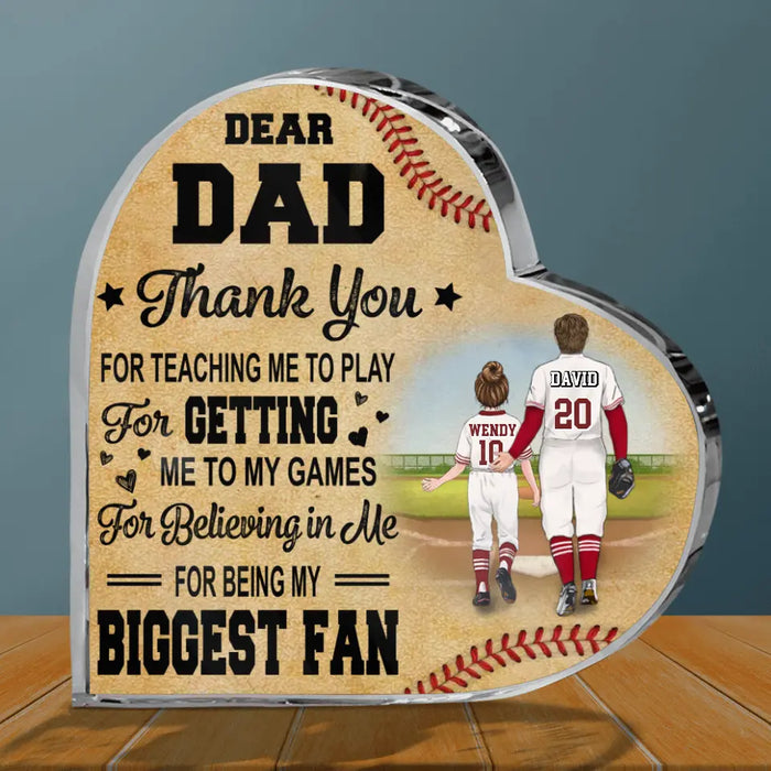 Custom Personalized Baseball Dad Crystal Heart - Upto 2 Children - Father's Day Gift Idea for Baseball Lovers - Dear Dad Thank You For Teaching Me To Play