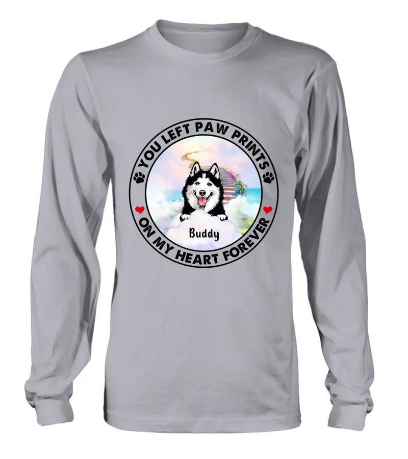 Personalized Pet Shirt/Hoodie - Up to 2 Dogs/Cats - Memorial Gift Idea for Dog/Cat Owners - You Left Paw Prints On My Heart Forever