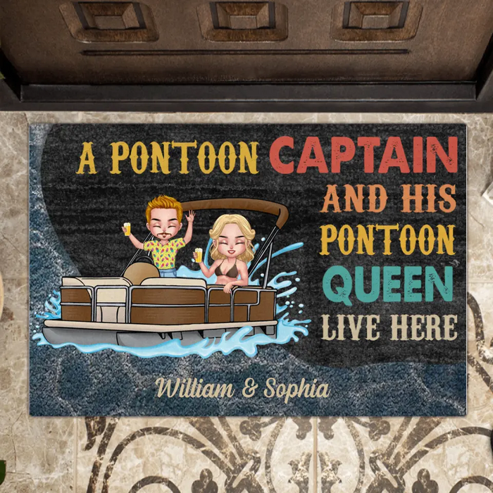 Custom Personalized Pontoon Couple Doormat -  Gift Idea For Couple/Pontoon Lovers - A Pontoon Captain And His Pontoon Queen Live Here