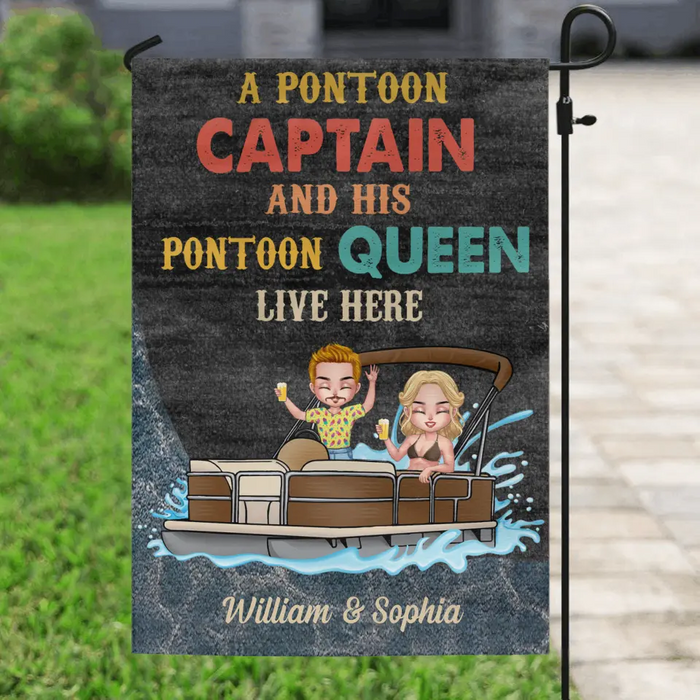 Custom Personalized Pontoon Couple Flag Sign - Gift Idea For Couple/Pontoon Lovers - A Pontoon Captain And His Pontoon Queen Live Here