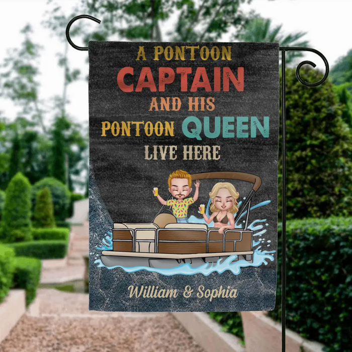 Custom Personalized Pontoon Couple Flag Sign - Gift Idea For Couple/Pontoon Lovers - A Pontoon Captain And His Pontoon Queen Live Here