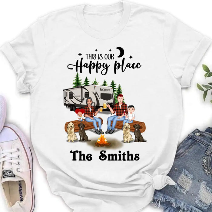 Personalized Camping Family Unisex T-shirt/ Hoodie/ Long Sleeve/ Sweatshirt - Gift Idea For Family with up to 2 Kids and 4 Dogs - This Is Our Happy Place