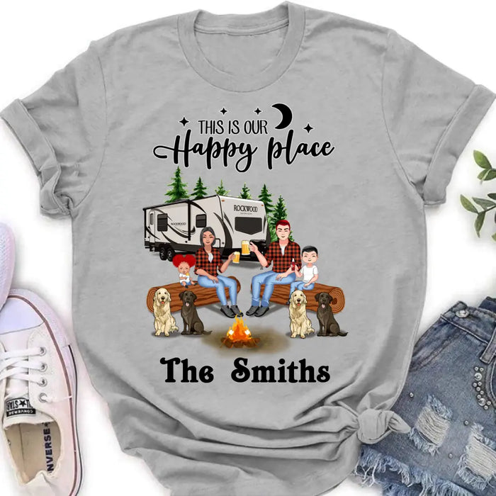 Personalized Camping Family Unisex T-shirt/ Hoodie/ Long Sleeve/ Sweatshirt - Gift Idea For Family with up to 2 Kids and 4 Dogs - This Is Our Happy Place