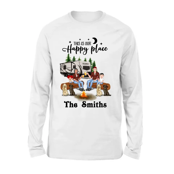 Personalized Camping Family Unisex T-shirt/ Hoodie/ Long Sleeve/ Sweatshirt - Gift Idea For Family with up to 2 Kids and 4 Dogs - This Is Our Happy Place