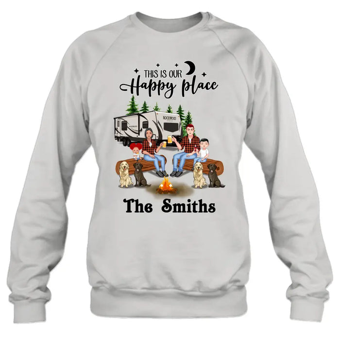 Personalized Camping Family Unisex T-shirt/ Hoodie/ Long Sleeve/ Sweatshirt - Gift Idea For Family with up to 2 Kids and 4 Dogs - This Is Our Happy Place