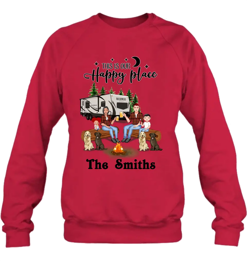 Personalized Camping Family Unisex T-shirt/ Hoodie/ Long Sleeve/ Sweatshirt - Gift Idea For Family with up to 2 Kids and 4 Dogs - This Is Our Happy Place