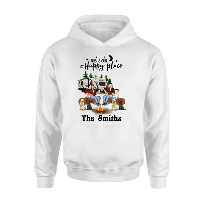 Personalized Camping Family Unisex T-shirt/ Hoodie/ Long Sleeve/ Sweatshirt - Gift Idea For Family with up to 2 Kids and 4 Dogs - This Is Our Happy Place