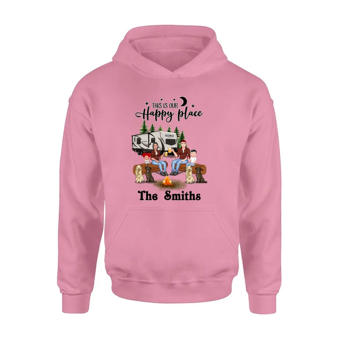 Personalized Camping Family Unisex T-shirt/ Hoodie/ Long Sleeve/ Sweatshirt - Gift Idea For Family with up to 2 Kids and 4 Dogs - This Is Our Happy Place