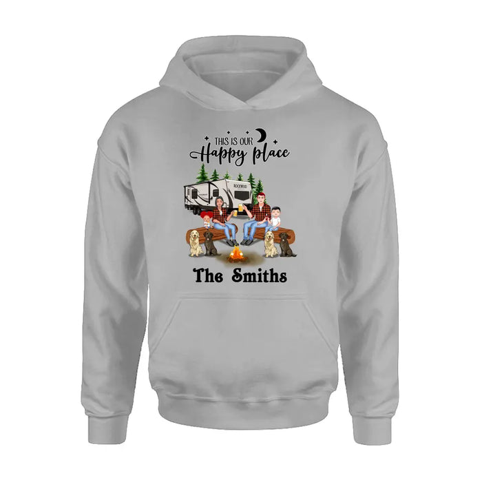 Personalized Camping Family Unisex T-shirt/ Hoodie/ Long Sleeve/ Sweatshirt - Gift Idea For Family with up to 2 Kids and 4 Dogs - This Is Our Happy Place