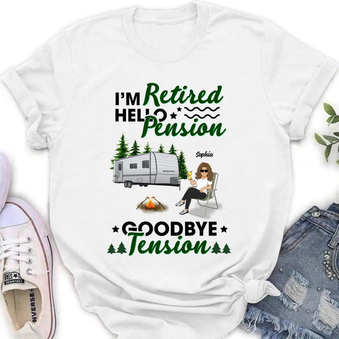 Custom Personalized Retired 2022 Camping Shirt/ Pullover Hoodie - Retired Gift Idea For Camping Lover - Adult/ Couple With Up to 3 Pets - I'm Retired Hello Pension Goodbye Tension