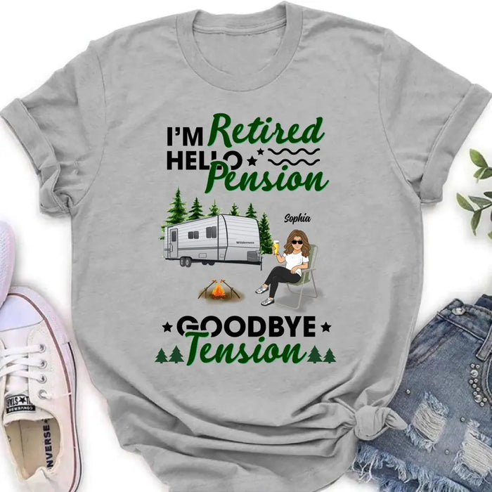 Custom Personalized Retired 2022 Camping Shirt/ Pullover Hoodie - Retired Gift Idea For Camping Lover - Adult/ Couple With Up to 3 Pets - I'm Retired Hello Pension Goodbye Tension