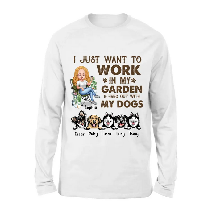 Custom Personalized Garden Shirt/ Hoodie- Upto 5 Pets - Funny Gardening Gift For Dog/ Cat Lover - I Just Want To Work In My Garden & Hang Out With My Dogs