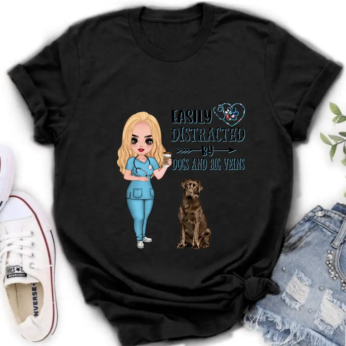Personalized Nurse Dog Mom Shirt/ Pullover Hoodie - Up to 5 Dogs - Gift Idea For Dog Lovers - Easily Distracted By Dogs And Big Veins