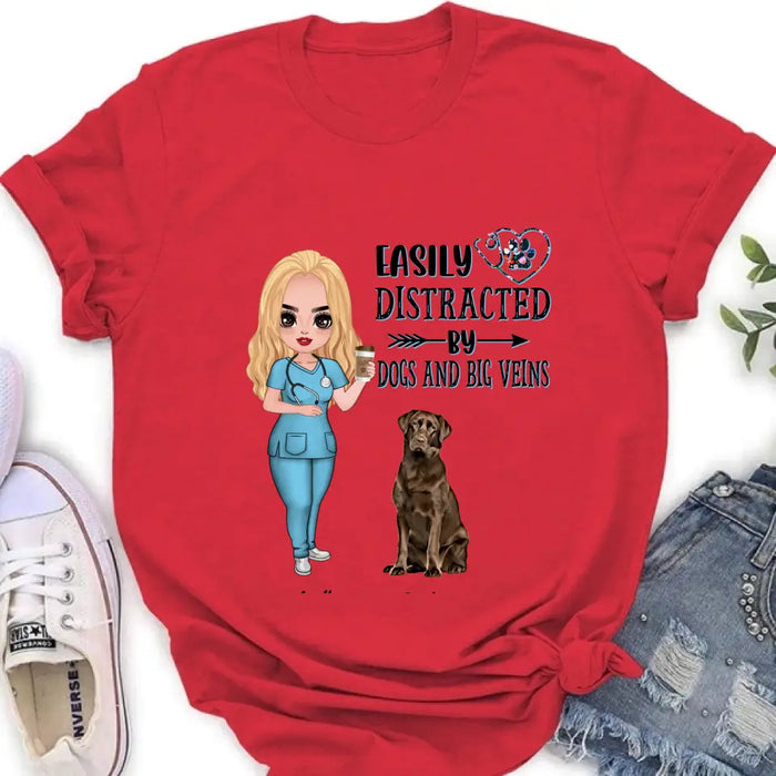 Personalized Nurse Dog Mom Shirt/ Pullover Hoodie - Up to 5 Dogs - Gift Idea For Dog Lovers - Easily Distracted By Dogs And Big Veins