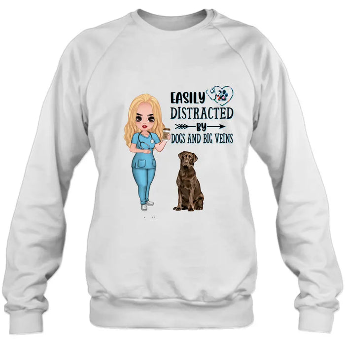 Personalized Nurse Dog Mom Shirt/ Pullover Hoodie - Up to 5 Dogs - Gift Idea For Dog Lovers - Easily Distracted By Dogs And Big Veins