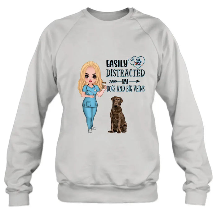 Personalized Nurse Dog Mom Shirt/ Pullover Hoodie - Up to 5 Dogs - Gift Idea For Dog Lovers - Easily Distracted By Dogs And Big Veins