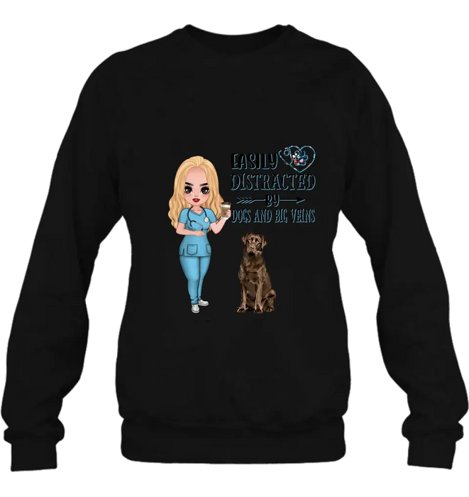 Personalized Nurse Dog Mom Shirt/ Pullover Hoodie - Up to 5 Dogs - Gift Idea For Dog Lovers - Easily Distracted By Dogs And Big Veins