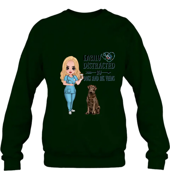 Personalized Nurse Dog Mom Shirt/ Pullover Hoodie - Up to 5 Dogs - Gift Idea For Dog Lovers - Easily Distracted By Dogs And Big Veins