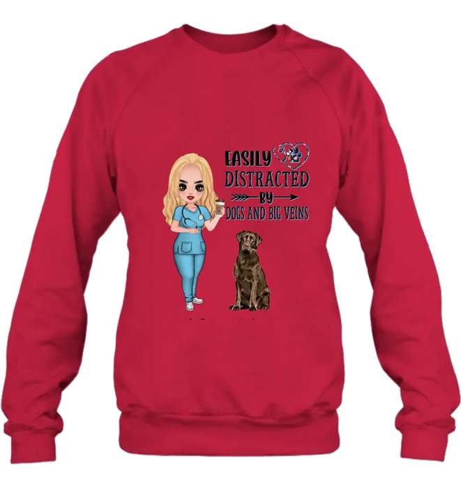 Personalized Nurse Dog Mom Shirt/ Pullover Hoodie - Up to 5 Dogs - Gift Idea For Dog Lovers - Easily Distracted By Dogs And Big Veins